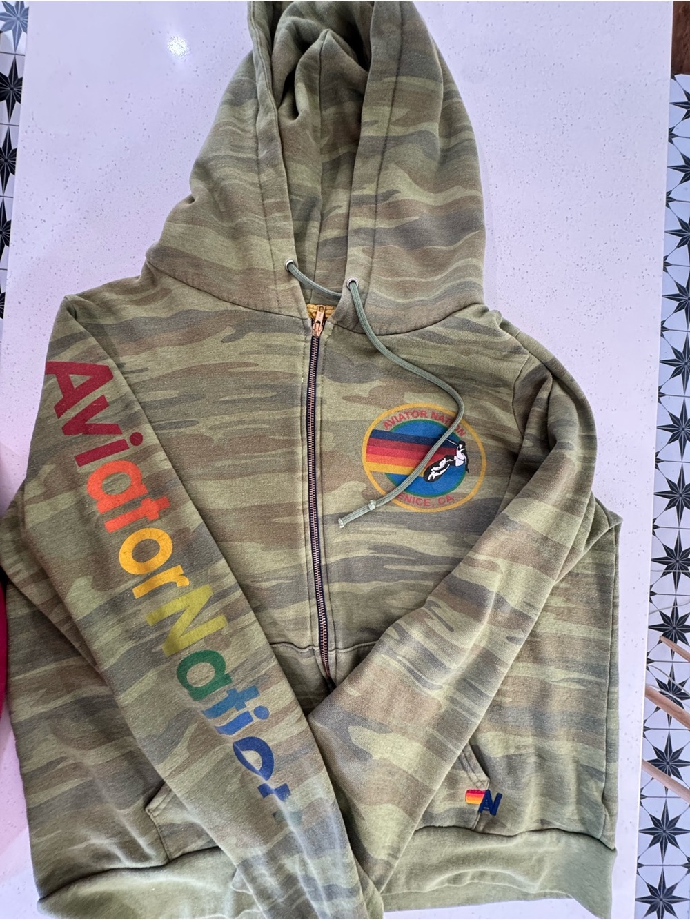 Aviator Nation Unisex Olive Camo Zip Hoodie with Rainbow Logo